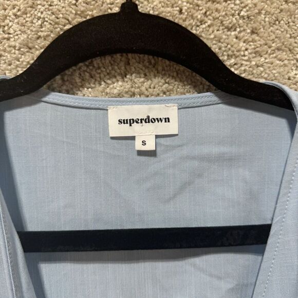 Superdown Victoria Top Women's Small‎ Blue Long Balloon Sleeve Crop Deep V Tie - Picture 8 of 13